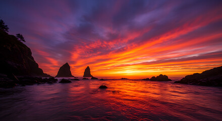 Dramatic sunset over sea stacks on the Pacific coast
