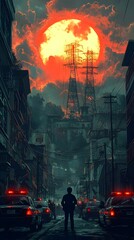 A lone figure stands in the foreground of a dystopian city scene, silhouetted against a vibrant orange sunset. Police cars line the street, enhancing the tense atmosphere.