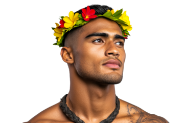 Pacific Islander man with flower crown looks up, cut out transparent