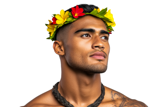 Pacific Islander man with flower crown looks up, cut out transparent