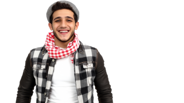 Smiling Arab man in checkered shirt and flat cap, cut out transparent