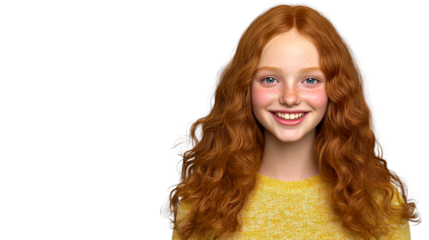 Smiling redhead girl, freckles face, blue eyes, cutout transparent