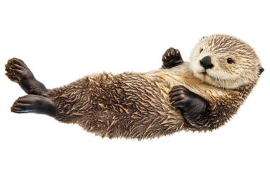 Adorable tiny sea otter peacefully floating on its back with soft fur and calm expression in bright natural light isolated on transparent background PNG