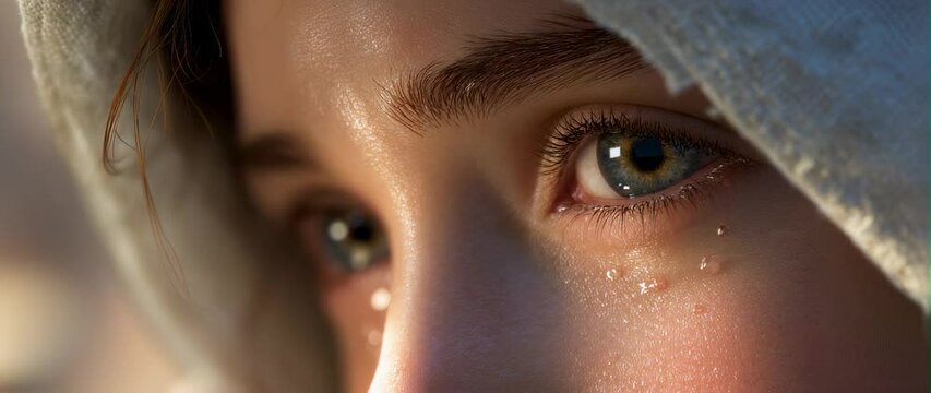 Video anamorphic Close-up of a woman's tears falling gently on her cheeks