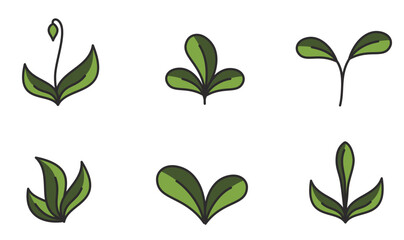 Spring plants in green colors set. Sprout, planting and nature design elements. Isolated vector images