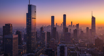 Fototapeta premium Chicago skyline at sunrise, vibrant colors and cityscape.