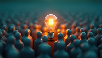 Glowing light bulb emerges from crowd, standout idea, innovation, uniqueness. Represents business concept, leadership, teamwork, success, individuality. Idea, solution, creativity, insight. Visual
