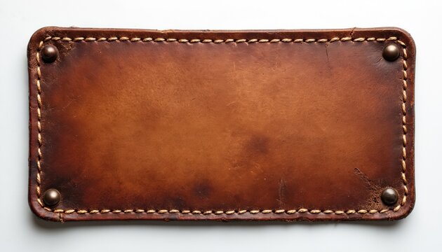 Brown leather patch with stitching, rivet detail. Rectangular shape with textured surface. Vintage, rustic, craft element, design decor for garments, accessories, tags, labels, fashion.