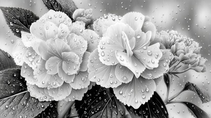 Monochrome Flower Rain Drops, Floral Background, Botanical Art