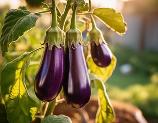 Several ripe, glossy purple eggplants hang heavily from a healthy green plant, bathed in the warm golden glow of sunlight in a thriving summer garden.	