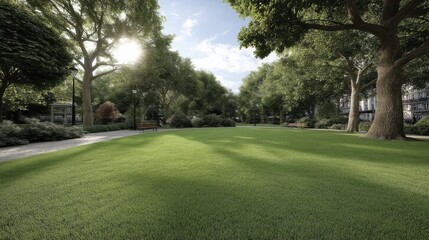 Obraz premium Vibrant green meadow, sunlit trees, picturesque summer park Ideal for nature-themed projects - leaves grassland meadow emerald
