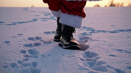 Santa Claus Boots Walking Through Fresh Snow.
 - Powered by Adobe