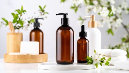 Brown bottle mockup for bathing products in bathroom, spa shampoo, shower gel, liquid soap on marble podium and various accessories front view. 