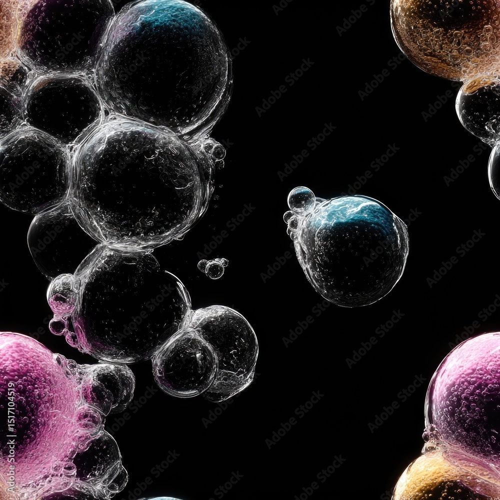 Poster seamless texture a features transparent bubbles in various colors, floating against dark background.