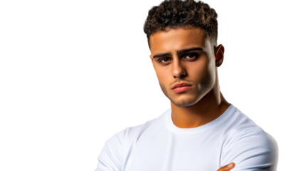 Handsome Arab man portrait, arms crossed, white shirt, isolated, cut out transparent