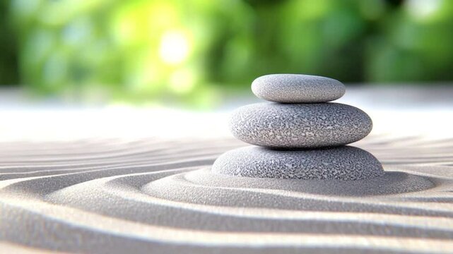 Zen Serenity: A meticulously stacked stone cairn stands as a tranquil emblem of balance and meditation, set against a serene garden backdrop, inviting viewers to a moment of stillness and inner peace.