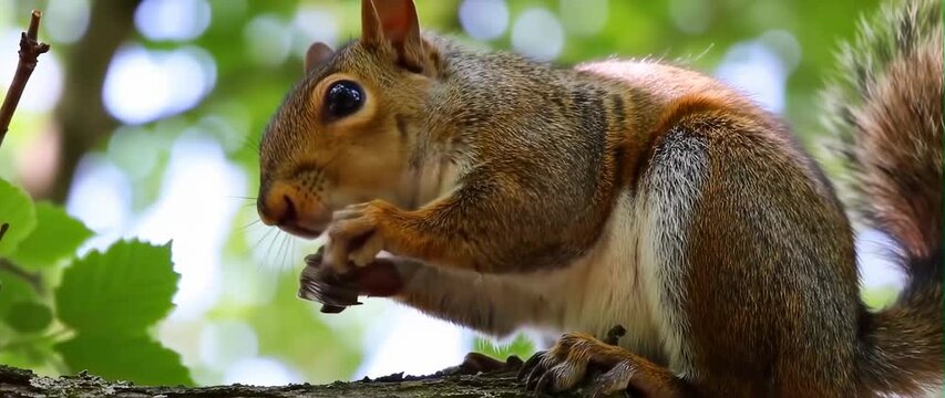 Anamorphic video close-up squirrel sits on a branch tree and eats a piece of walnut