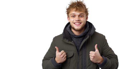 Smiling blond man gives thumbs up gesture, isolated, cut out transparent