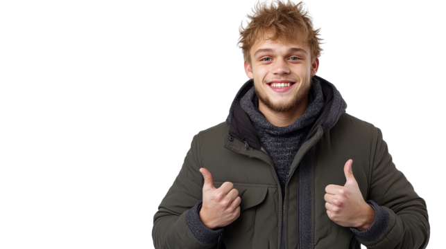 Smiling blond man gives thumbs up gesture, isolated, cut out transparent