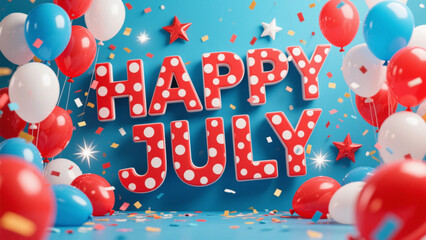 A festive design celebrating July, featuring bold, three-dimensional letters spelling 'HAPPY JULY' in vibrant red, white, and blue colors. 4th July, 4th of July, Independence day of America