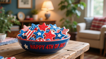 A scene featuring a festive bowl filled with colorful red, white, and blue star-shaped candies. 4th July, 4th of July, Independence day of America