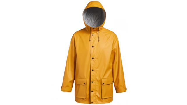 Waterproof yellow raincoat with hood up, offering protection against rain and bad weather, isolated on transparent background, ready for image editing