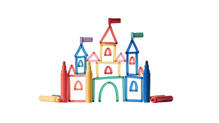 Naklejka premium Whimsical castle is built with colorful markers and caps, creating a playful and imaginative scene against a transparent background, perfect for educational or creative projects