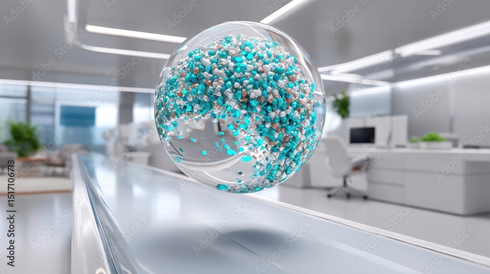 Sticker abstract science technology solution: transparent sphere with particles in modern office
