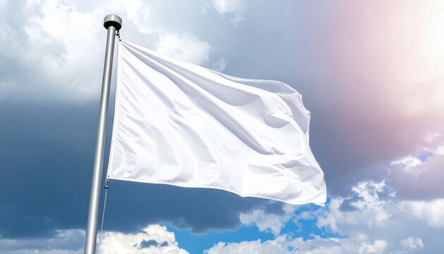 Blank white flag on a pole waving in the wind against a cloudy sky. Colorful outdoor scene with an empty flag mockup.