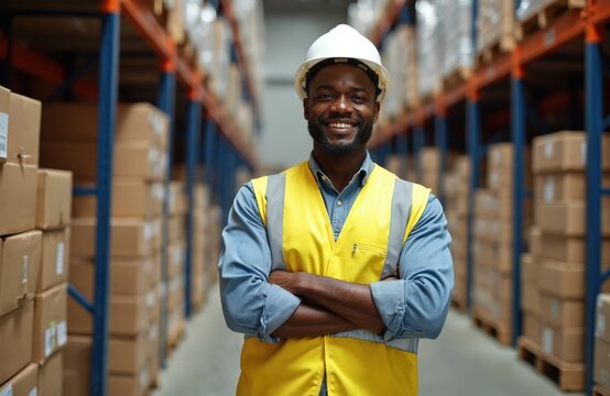 Smiling african american man warehouse worker wearing safety vest, hard hat. Portrait worker stands arms crossed in storage, distribution facility. Boxes shelves background.