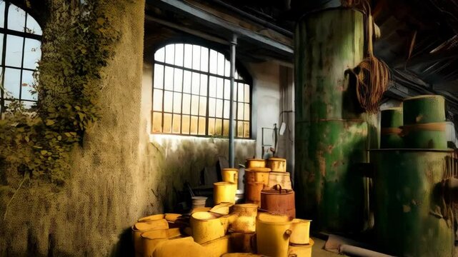 View inside of a large abandoned factory with rusted metal tanks, yellow buckets and a deteriorating wooden roof and large industrial windows.
