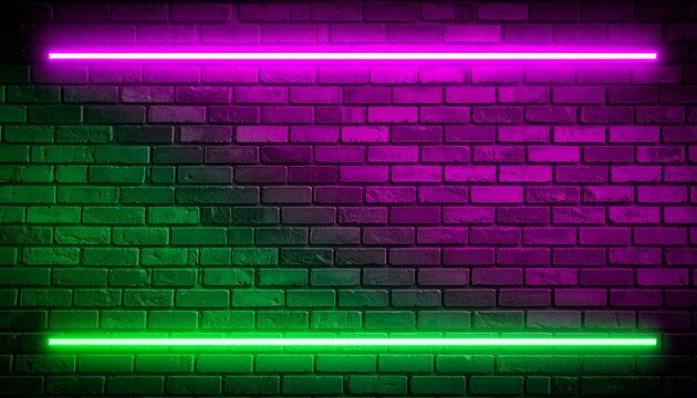 Neon light on an old brick wall. Close-up. Green magenta background with space for design. Empty. Lighting effect. Grunge backdrop.