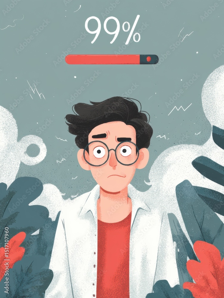 Fototapete Loading Bar Stuck at 99 Percent With a Character Showing Anxiety in a Muted Background Filled With Foliage and Abstract Shapes