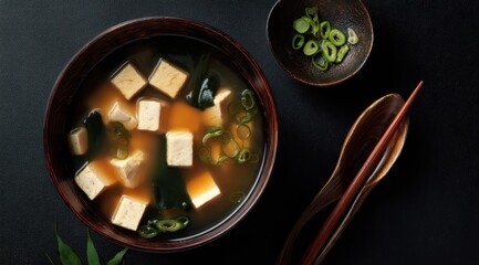 Close-up view of a bowl of miso soup.