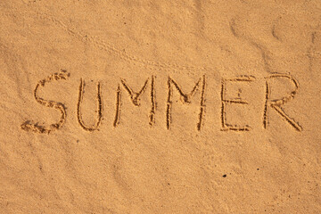 A beach scene with the word 