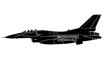 F-16 Fighter Jet Silhouette Vector &ndash; Military Aircraft Illustration in Black and White &ndash; Tactical Jet Plane Side View