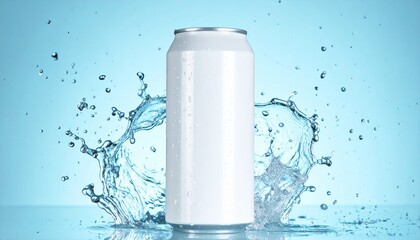Blank soda beverage can with water splash, product shot at 4k resolution.