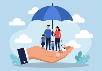 Obraz premium Flat vector illustration of a caring hand holding a large blue umbrella sheltering a diverse family of four (man, woman, boy, girl) and a small dog