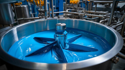 An industrial mixer in a large tank with blades inside for mixing slowly and evenly mixes blue paint in a paint factory with pipes for advertising
