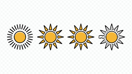 Bright yellow sun vector illustration set, a summer nature weather design element collection