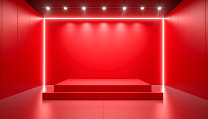 Wall with realistic light and place for exhibition product. Spotlight and red lightbox with perspective. Studio scene or showroom light box. 