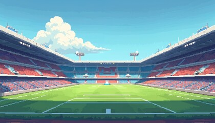 Obraz premium Empty stadium pixel art. Pixelated sport arena with green field and bleachers. Retro video game style illustration. Digital art background for games. Open air, clear blue sky.