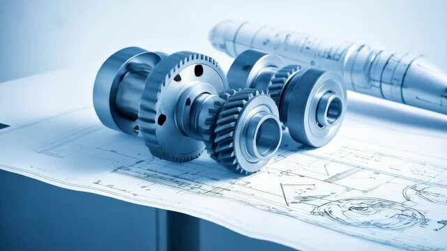 Close-up of interconnected metal gears, bearings, and mechanical components resting on a blueprint, design schematics