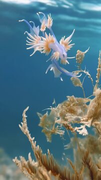 Striking blue glaucus atlanticus nudibranch gliding through the tropical ocean waters near textured marine plant life on a sunny day