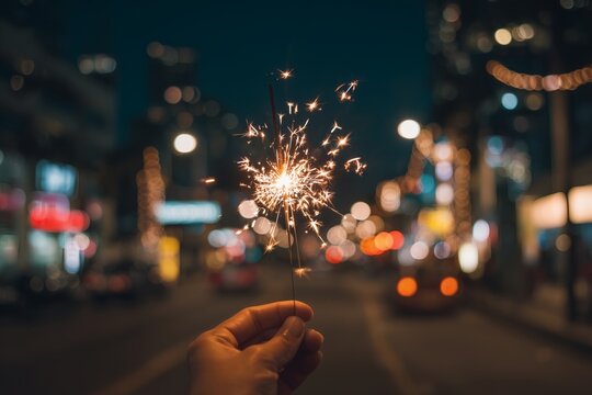Sparkling Celebration: A hand holds a glowing sparkler against a blurred city lights, capturing a moment of joy and festivity at night.