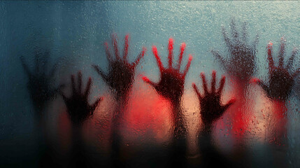 textured background heavily frosted glass behind which creepy dark figures are pressed and their palms are pressed with red streaks