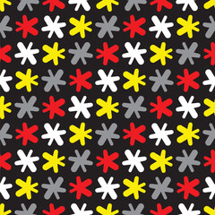 Doodle stars vector background pattern. Retro asterisks illustrated wallpaper seamless in black, white, gray, yellow and red.