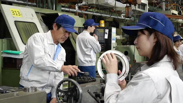 工場で旋盤加工品・フライス加工品を確認する作業員