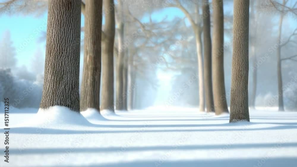 Poster winter serenity: a snow-laden path disappears into the distance, framed by a row of majestic trees. 
