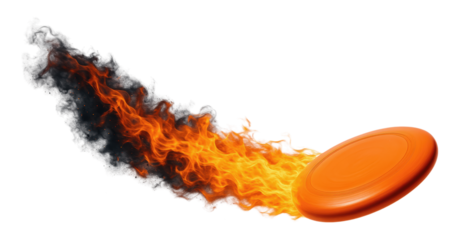 Dynamic Orange Frisbee with Fiery Trail of Flames and Smoke, Representing Speed and Action, Isolated on Transparent and White Background